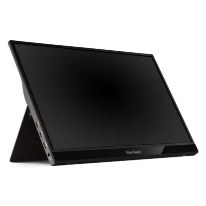 Viewsonic portable monitor angled on its built-in kickstand with a black screen in tent mode.
