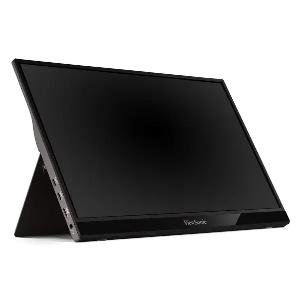 Viewsonic vg1655 16 inch touch screen portable monitor (vg1655) Viewsonic portable monitor angled on its built-in kickstand with a black screen in tent mode.