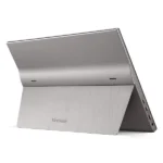 Silver viewsonic portable monitor in tent mode on a brushed metal stand, angled for use as a display.