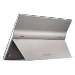 Tablet with a brushed metal kickstand cover in tent mode, viewsonic logo visible on the back surface.
