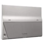 Viewsonic portable projector with a brushed metal finish and a closed lid, seen from a side angle on a white background.