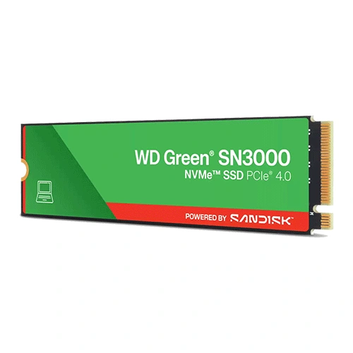 Western digital green sn3000 1tb nvme gen4 internal ssd (wds100t5g0e) M. 2 nvme ssd card labeled wd green sn3000 with pcie 4. 0, green-and-red design, powered by sandisk.
