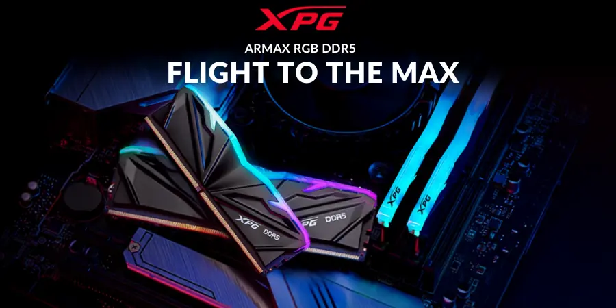 Xpg armax rgb ddr5 ram modules with blue/purple lighting in a dark gaming pc.
