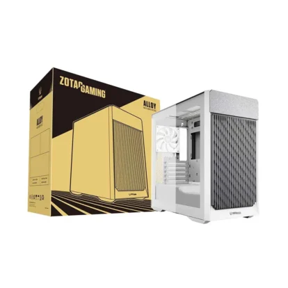 Zotac gaming ally pc case beside its yellow-and-black packaging box, white interior visible.