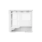 White pc tower case with the side panel removed, exposing the empty interior, drive bays, and motherboard tray