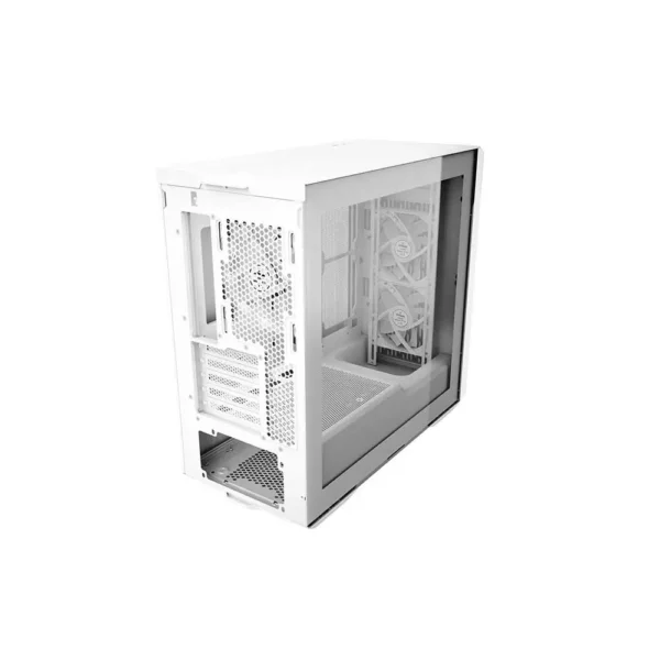 White mid-tower pc case with a glass side panel and visible cooling fans inside