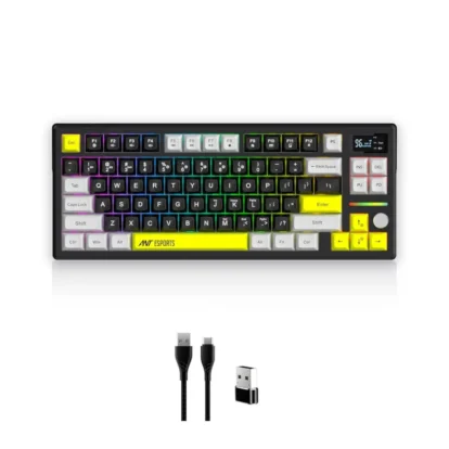 Gaming keyboard with multicolored keycaps and yellow accents; includes USB wireless receiver and two cables.