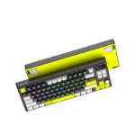 Colorful mechanical keyboard with black, white, and pastel keycaps plus bright yellow accents and case, viewed at an angle.