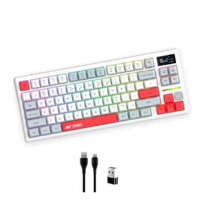 White rainbow-backlit gaming keyboard with multicolored keys and red accents, shown at an angle; includes a USB wireless dongle and two cables below it.