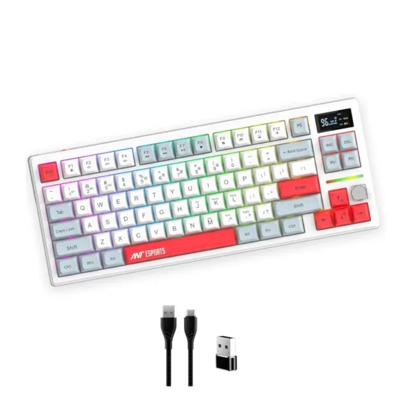 Ant esports apex 200 wireless argb keyboard white (apex-200-white) White rainbow-backlit gaming keyboard with multicolored keys and red accents, shown at an angle; includes a usb wireless dongle and two cables below it.