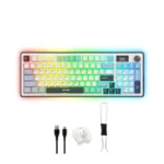 Rgb mechanical keyboard with rainbow backlighting and included usb cable, keycap puller, and replacement keycaps accessories.
