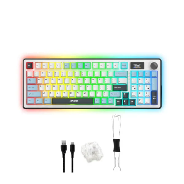 Ant esports apex 300 tri-mode gasket mount mechanical keyboard (apex-300) Rgb mechanical keyboard with rainbow backlighting and included usb cable, keycap puller, and replacement keycaps accessories.