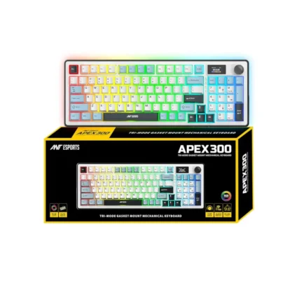 Rainbow RGB mechanical keyboard with white case, shown above its black and yellow APEX300 packaging box at right/center.