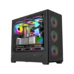 Mid-tower gaming pc with a transparent side panel showing rgb-lit components and a geforce rtx graphics card visible inside.