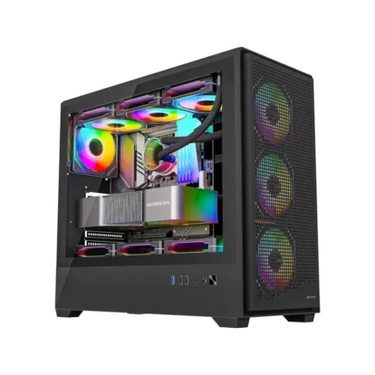 Ant esports evo 360 lite mid tower gaming cabinet - black Mid-tower gaming pc with a transparent side panel showing rgb-lit components and a geforce rtx graphics card visible inside.