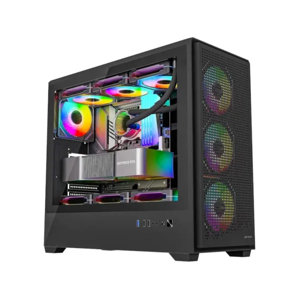 Ant esports evo 360 lite mid tower gaming cabinet - black Mid-tower gaming pc with a transparent side panel showing rgb-lit components and a geforce rtx graphics card visible inside.