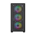 Mid-tower computer case with three rgb-lit front fans behind a perforated panel