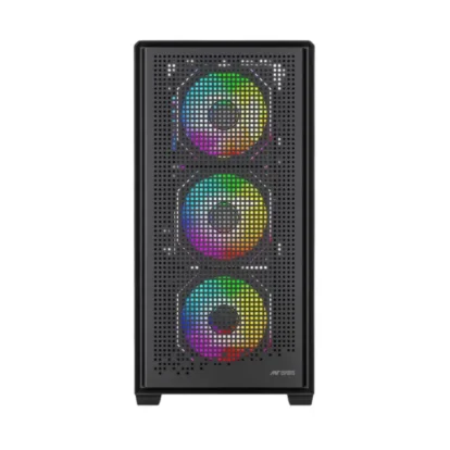 Mid-tower computer case with three rgb-lit front fans behind a perforated panel