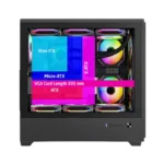 Pc tower with a transparent side panel showing rgb fans and overlay labels for mini-itx, micro-atx, e-atx and 335 mm vga length
