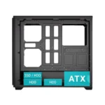 Open black atx computer case with drive bays visible at the bottom front; turquoise labels read ssd/hdd and hdd.