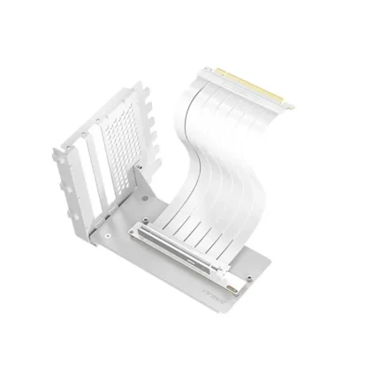 White pcie riser adapter with curved ribbon and mounting bracket for expansion slots in a pc. V2 design in metal finish.