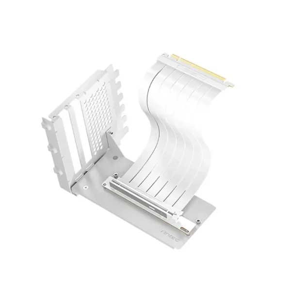 White pcie riser adapter with curved ribbon and mounting bracket for expansion slots in a pc. V2 design in metal finish.