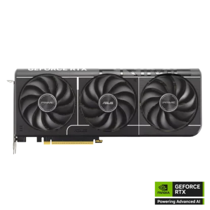 Asus geforce rtx graphics card with three large cooling fans and nvidia geforce rtx branding visible on the side.