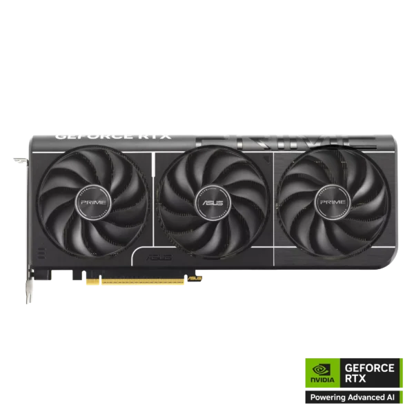 Asus geforce rtx graphics card with three large cooling fans and nvidia geforce rtx branding visible on the side.