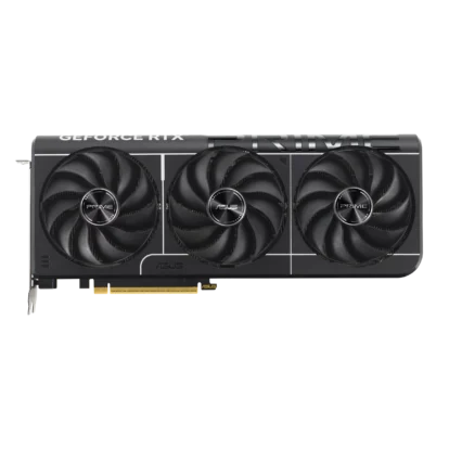 Close-up of a GeForce RTX graphics card with dual fans, showing ASUS branding and 'PRIME' labels on the fans against a black background.