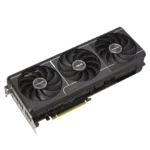 Graphics card with three cooling fans and asus branding shown from a diagonal angle against a black background, highlighting its design.