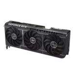 Asus geforce rtx graphics card with three large cooling fans on a black background, showing the gpu’s front and branding clearly.