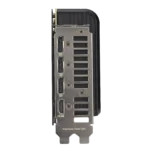 Rear i/o panel of a graphics card showing hdmi ports and a metal bracket against a black background.