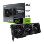 Asus geforce rtx 5080 graphics card with three cooling fans displayed next to a boxed packaging on a black background.