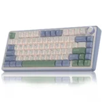 Pastel-colored mechanical keyboard with beige, blue, and green keys on a pale case, reflected on a glossy surface.