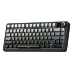 Compact mechanical keyboard with rainbow rgb lighting and a round control knob on the top-right corner, viewed at an angle to the side.
