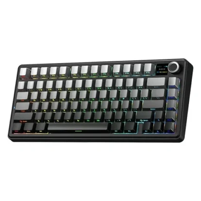 Compact mechanical keyboard with rainbow RGB lighting and a round control knob on the top-right corner, viewed at an angle to the side.