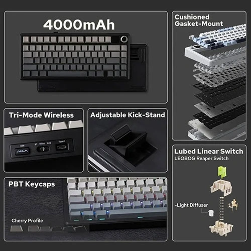Aula f75 max side engraved keycaps wireless tri mode rgb 75 percent mechanical gaming gradient gray keyboard with reaper switch Collage highlighting a 4000mah keyboard with cushioned gasket-mount, tri-mode wireless, adjustable kick-stand, pbt cherry-profile keycaps, and lubed linear switches.