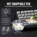 Hot-swappable keyboard pcb with south-facing leds, highlighting switch compatibility (3/5-pin) and features like hot-swap socket and stabilizers.