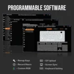Collage of three software windows for programmable keyboard configuration, showing macro manager and an on-screen keyboard; features include remap keys, record macro, custom rgb, screen sync.