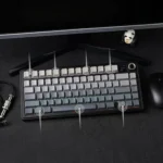Compact mechanical keyboard with rgb backlighting on a dark desk, with a small panda figurine nearby.