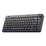 Compact mechanical keyboard with purple backlighting and a rotary knob on the top-right corner.
