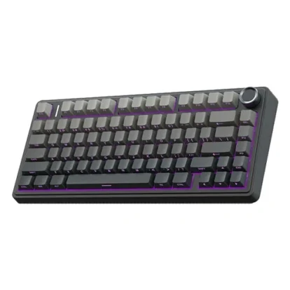 Compact mechanical keyboard with purple backlighting and a rotary knob on the top-right corner.