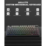 Promo image of the aula f75 custom mechanical keyboard with rgb backlighting on a dark background, highlighting wireless, gasket structure, hot-swappable switches.