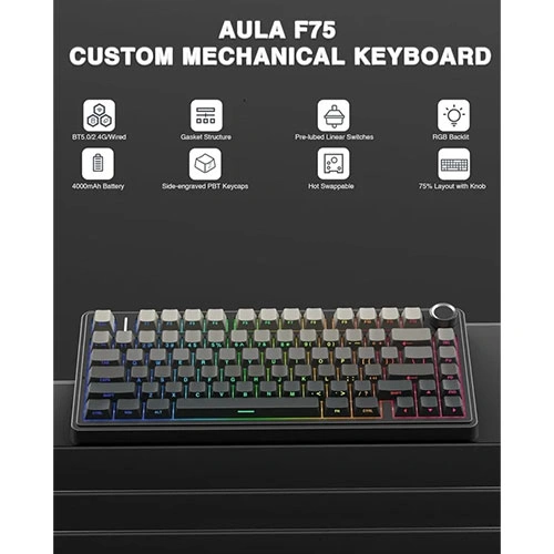 Aula f75 side engraved keycaps wireless tri mode rgb 75 percent mechanical gaming gradient gray keyboard with reaper switch Promo image of the aula f75 custom mechanical keyboard with rgb backlighting on a dark background, highlighting wireless, gasket structure, hot-swappable switches.