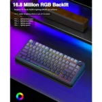 Keyboard with rainbow rgb backlighting on a dark desk; promo text reads '16. 8 million rgb backlit'
