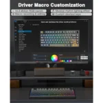 Monitor shows a keyboard macro customization app beside a rainbow-lit keyboard on a desk setup outside a dark wall.