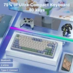 Display case photo of a 75% ultra-compact keyboard (80 keys) on a stand, with rgb lighting and surrounding gadgets in a showroom setting.
