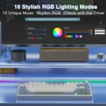 Monitor shows rgb lighting control ui with color wheel and sliders; bold text advertises '16 stylish rgb lighting modes' and a driver download link, with an rgb keyboard and speakers on a blue-lit desk.