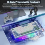 Promotional image of a rainbow-lit hi-tech programmable keyboard on display case.