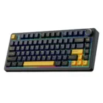 Compact mechanical keyboard with rainbow rgb backlighting and a yellow accent spacebar, angled on a white background.
